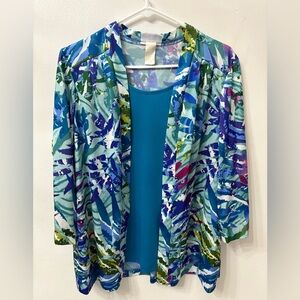 Women’s size large Faux Cami Foliage Design Blue 3/4 Sleeve Blouse